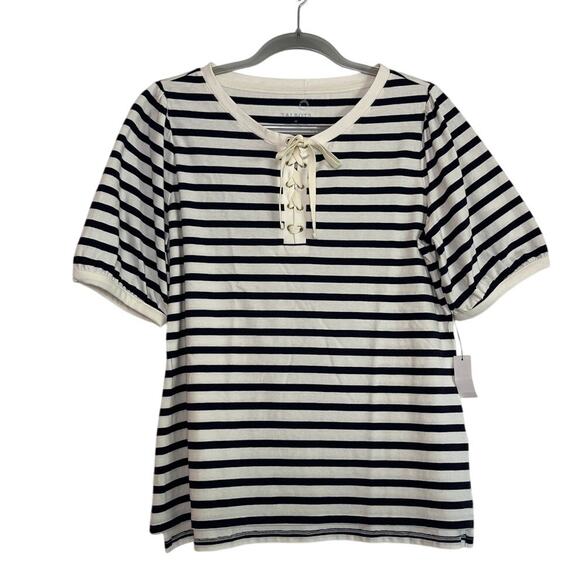 Talbots Tops - Talbots Navy Cream Striped Puff Sleeve Lace Up Top Size Medium Prep Nautical NWT